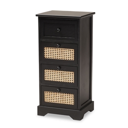 Baxton Studio Dacey Mid-Century Modern Transitional Espresso Brown Finished Wood and Rattan 4-Drawer Storage Cabinet
